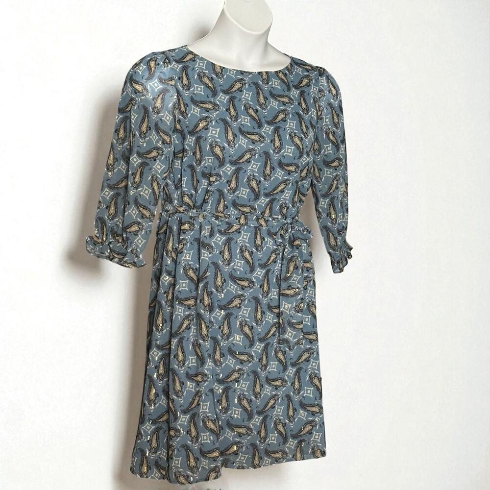 Marella Iser Paisley Print Belted Dress Sz 6 Blue Metallic Boat Neck Half Sleeve